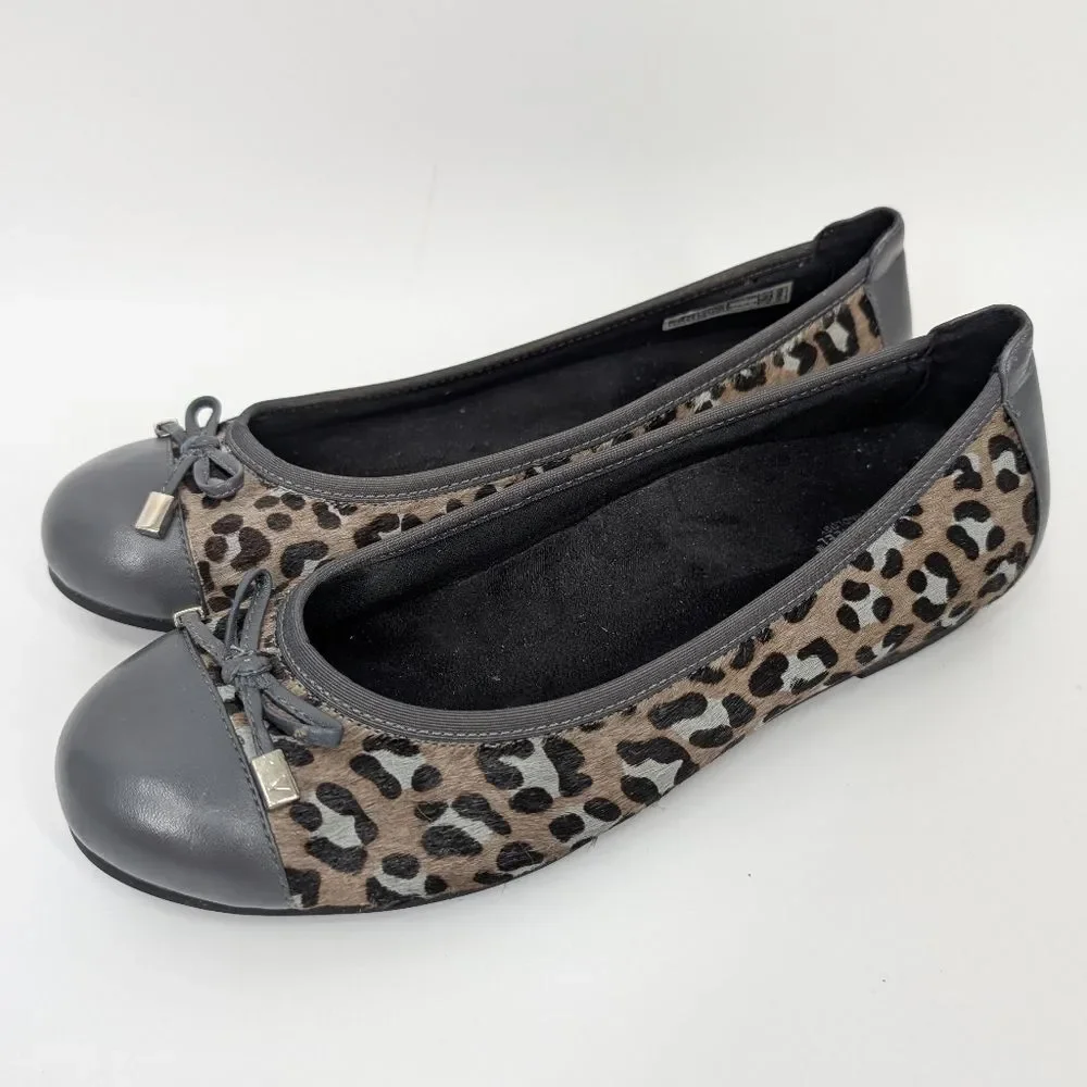 Vionic Women's Gray Brown Leopard Animal Print Leather Minna Flats Bow 8.5